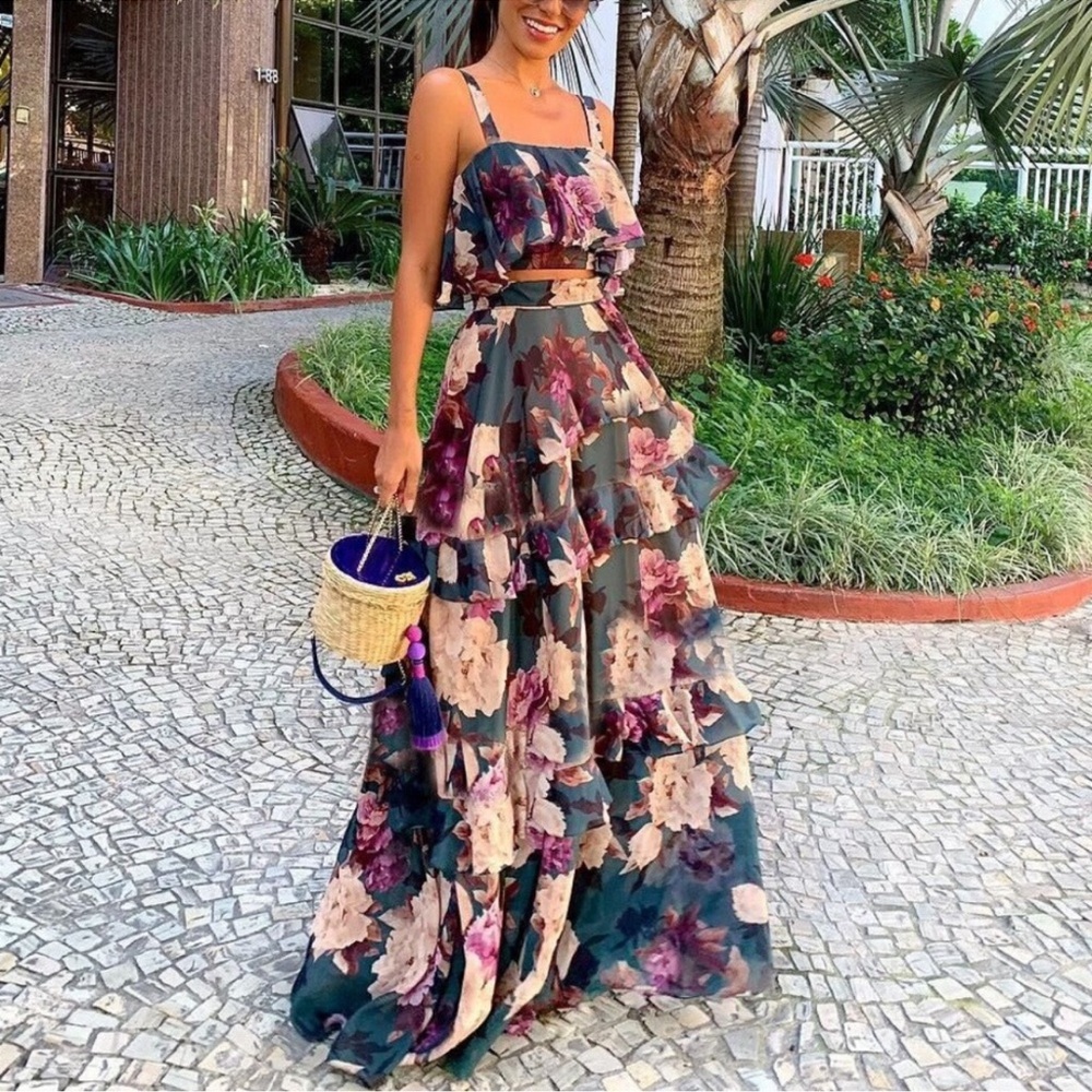 Boho Floral Print Ruffle Skirt Set S M L